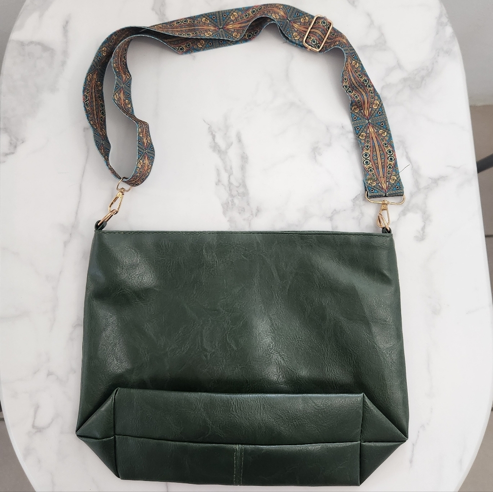 Unisex Army Green Tote Bag with Patterned Boho Strap - Picture 3 of 16
